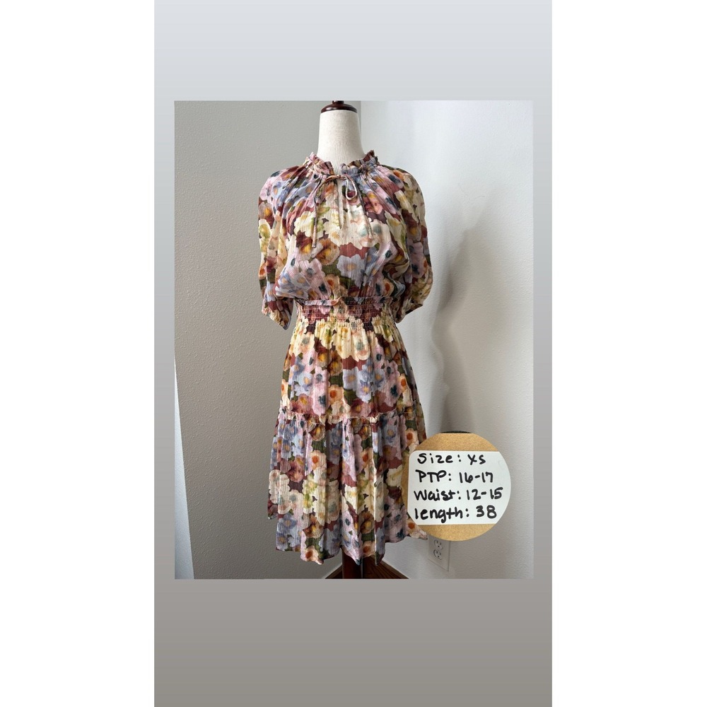 Rails Floral Smocked Waist Tiered Mini Dress Puff Sleeve Ruffle Neck XS